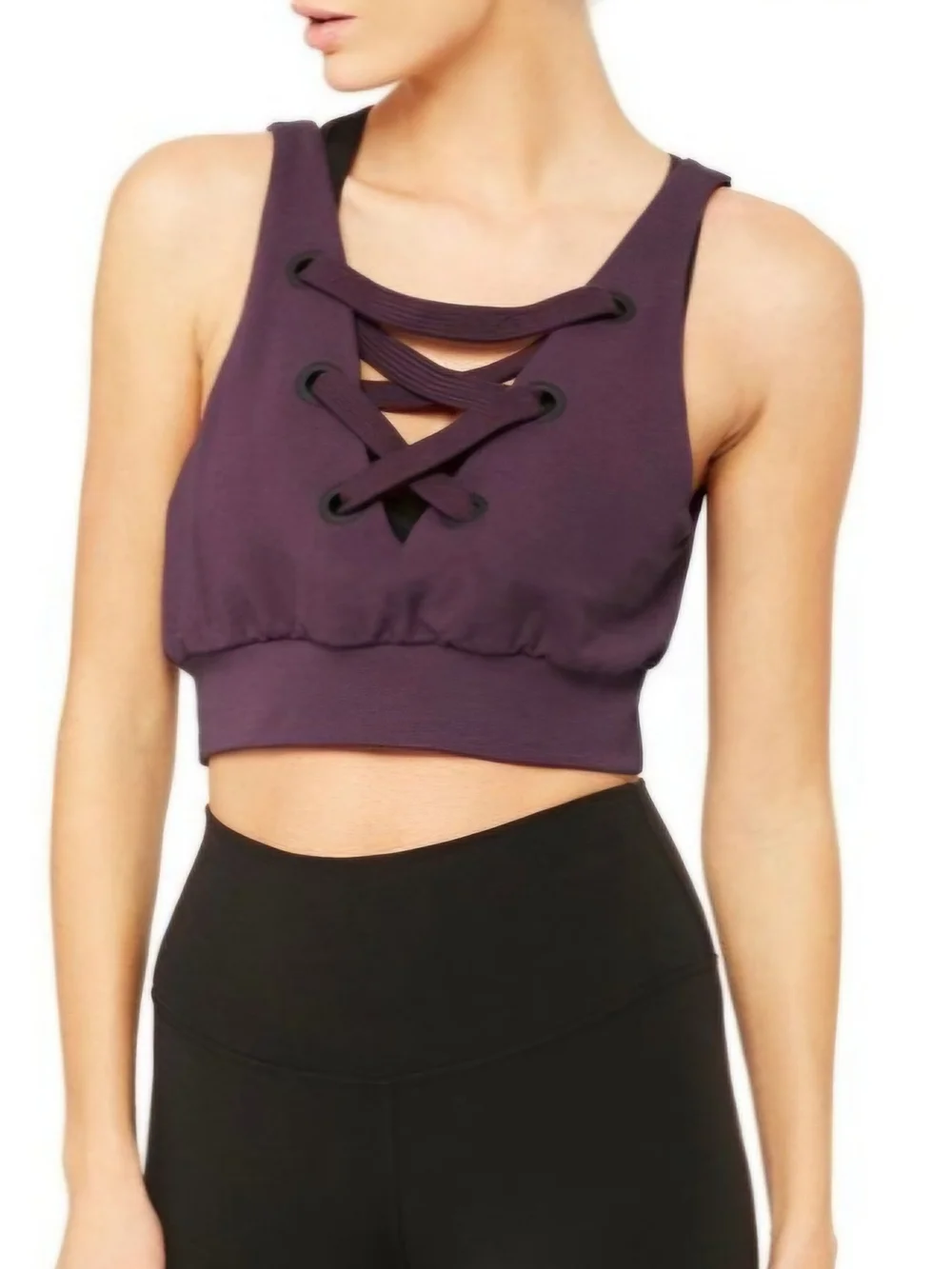 Alo Quest Yoga Lace-Up Crop Tank Top - Purple - Small